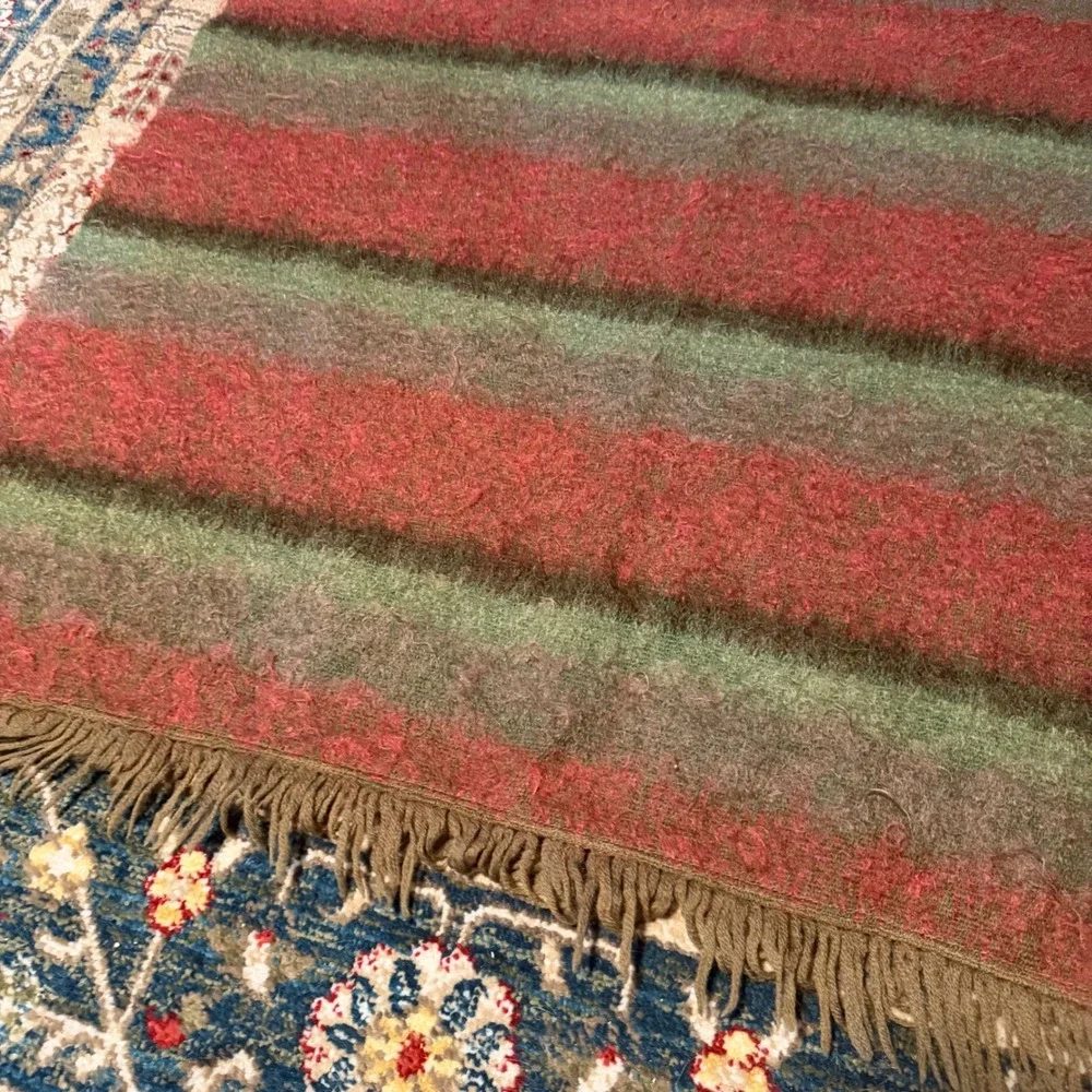 Vintage 60s Andrew Stewart Woven Scotland Mohair Wool Blanket Scarf Striped Shag